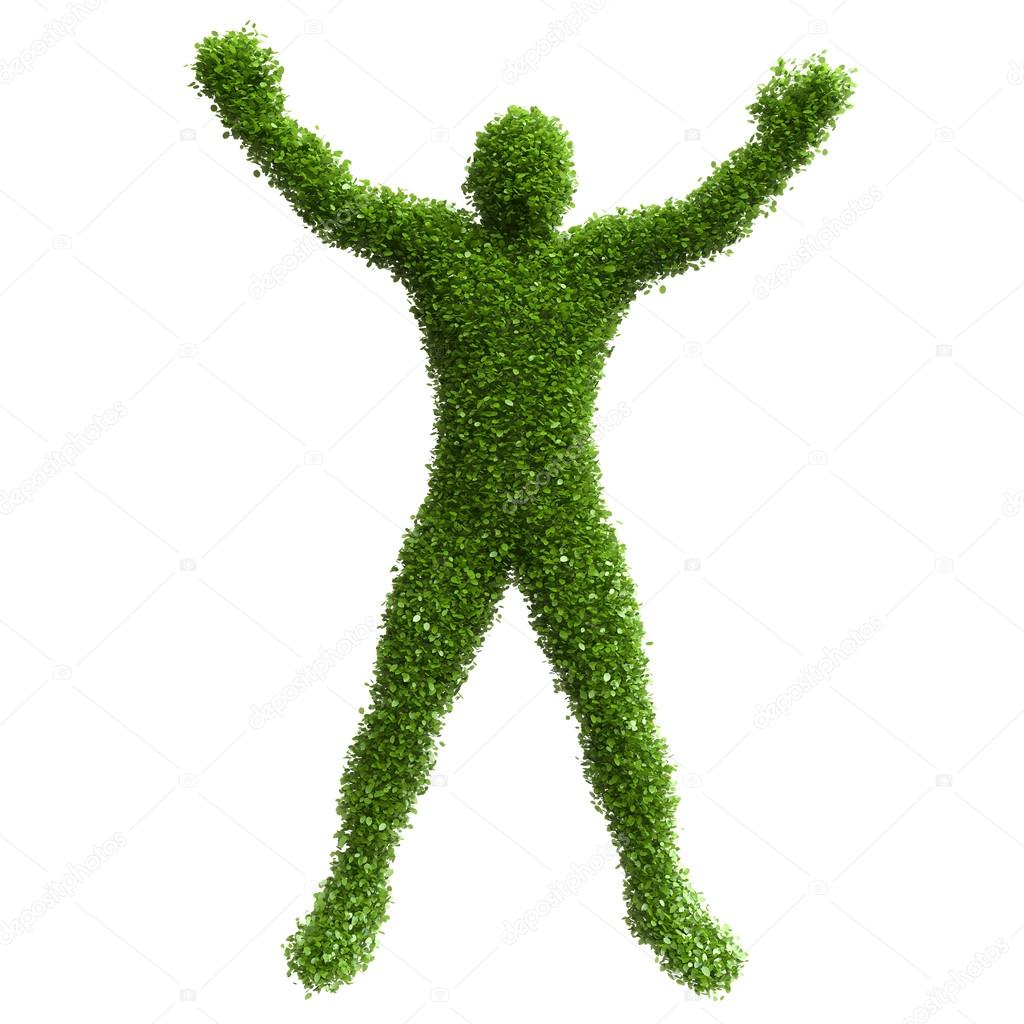 Silhouette of a man with his hands raised from green leaves
