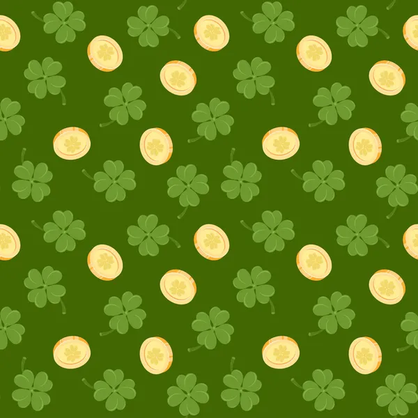Monete d'oro e foglie di trifoglio sfondo — Vettoriale Stock