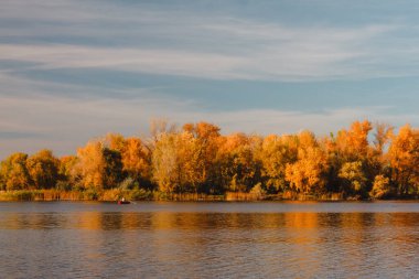 Sonbahar orman ağaçları nehre yansıyor. Sonbahar ormanındaki nehir. Sonbaharda orman nehri