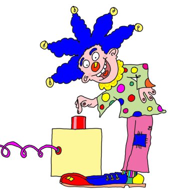 Clown about to push large red button.