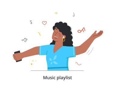 Genç ve güzel bir kadın karakter, küçük kulaklıklarla müzik dinliyor. Gözleri beyaz arka planda kapalı.