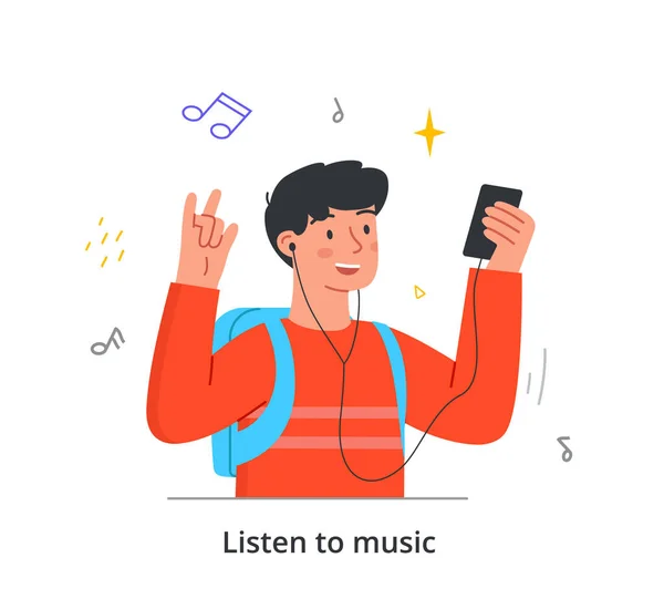 Jovem personagem masculino feliz está ouvindo música no smartphone em fones de ouvido no fundo branco —  Vetores de Stock
