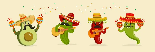 Set met cinco de mayo karakters die zingen en gitaar spelen op een gele achtergrond — Stockvector