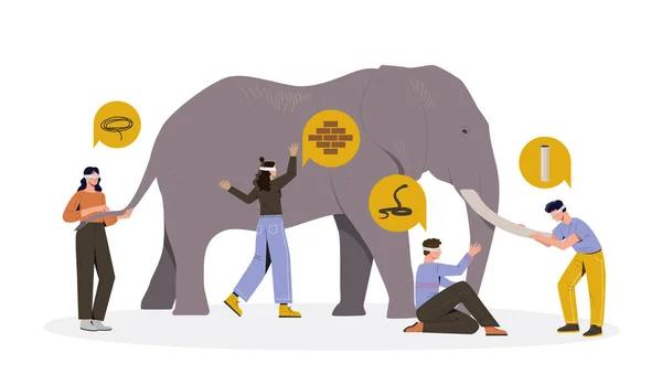 Quatre personnages masculins et féminins bandés touchant un éléphant sur fond blanc — Image vectorielle