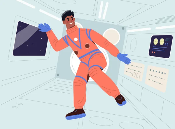 Gelukkig gewichtloze mannelijke astronaut drijft in ruimteschip cabine — Stockvector