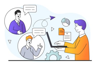 Genç erkek karakter ofisinde dizüstü bilgisayarla beyaz arka plan üzerinde çalışıyor.