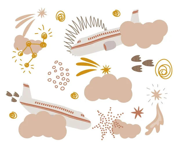 Gambar tangan dengan mulus mengulangi pola anak-anak dengan pesawat terbang dan awan dalam gaya minimalis pada latar belakang putih - Stok Vektor