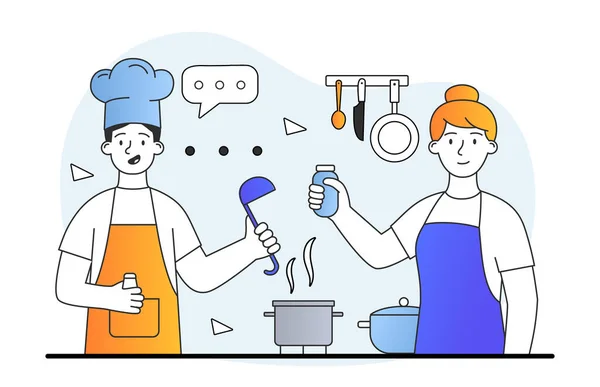 Personagens alegres masculinos e femininos estão cozinhando sopa ou salada juntos na cozinha — Vetor de Stock