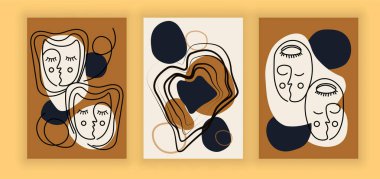 Soyut estetik koleksiyonu. Yüzleri, çizgileri ve siluetleri olan modern posterler. Duvarları süslemek ve gömleklere baskı yapmak için alışılmadık resimler. Çizgi film düz vektörü bej arkaplanda izole edildi