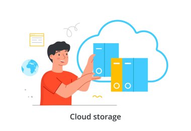Bulut depolama kavramı. Adam bulut sunucusuna bilgi gönderiyor. Veri depolama ve iletim. Çalışanlar için dosya paylaşımı. Çizgi film düz vektör çizimi beyaz arkaplanda izole edildi