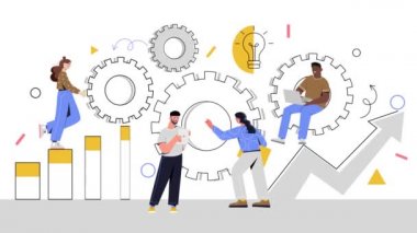 Takım çalışmasının sembolü olarak insanlarla birlikte dönen dişliler