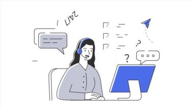 Kadın sandalyeye oturur, müşteri sorusuna cevap verir.