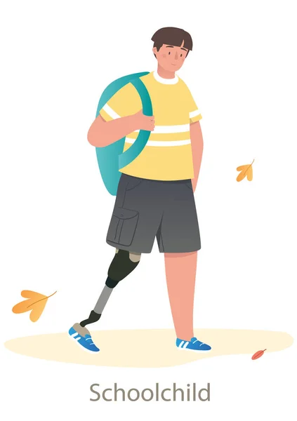 Menino alegre com prótese perna é gongo para a escola no fundo branco — Vetor de Stock