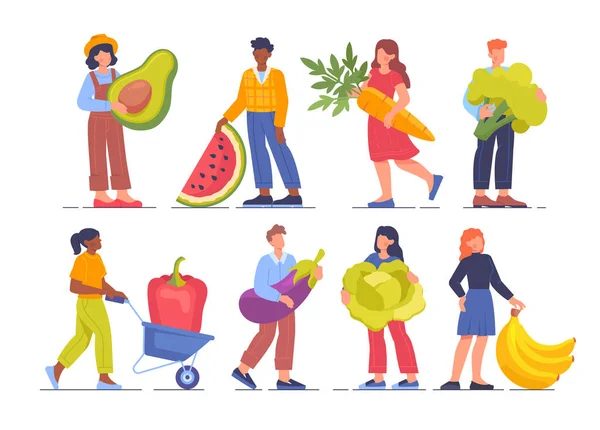 Set con hombres y mujeres de pie con frutas y verduras — Vector de stock