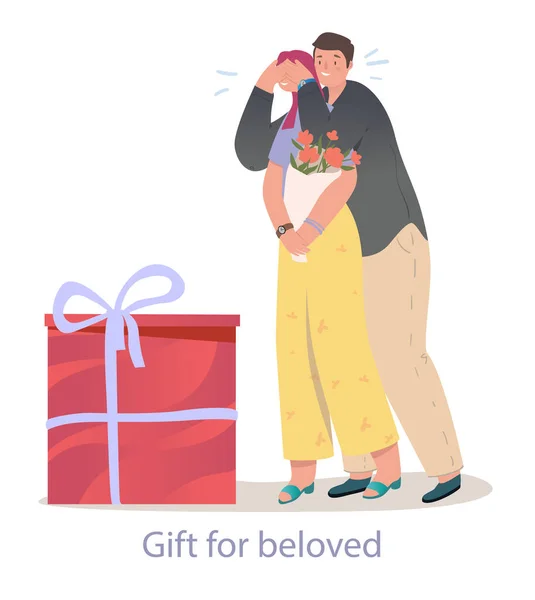 Jovem está surpreendendo sua namorada com um presente — Vetor de Stock