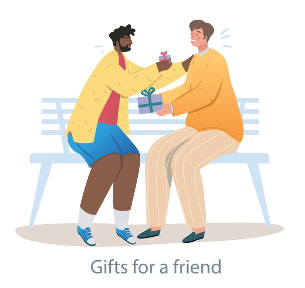 Hombre alegre está sorprendiendo a su mejor amigo con un regalo — Vector de stock