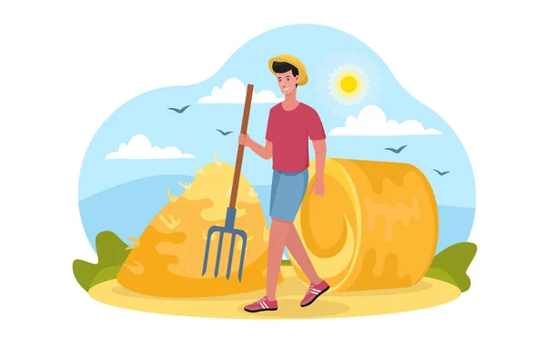 Homme avec râteau recueille le foin — Image vectorielle
