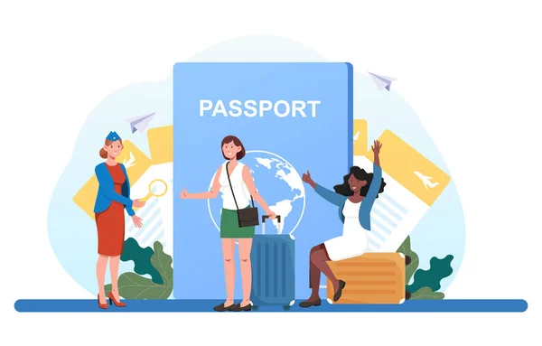 A kalauz ellenőrzi a turisták útlevelét — Stock Vector