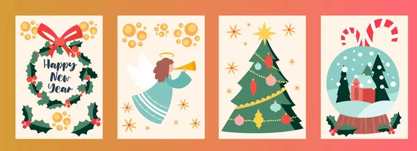 Σύνολο χαριτωμένο Χριστούγεννα νέο έτος διακοπές ευχετήριες κάρτες σε παστέλ φόντο — Διανυσματικό Αρχείο