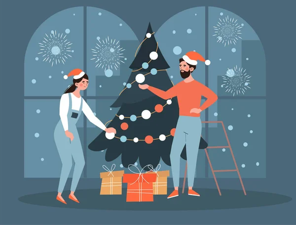 Καλά Χριστούγεννα ευχετήρια κάρτα με χαριτωμένο ζευγάρι διακόσμηση χριστουγεννιάτικο δέντρο μαζί — Διανυσματικό Αρχείο