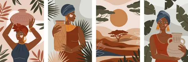 Набор плакатов с концепцией африканской женщины — стоковый вектор