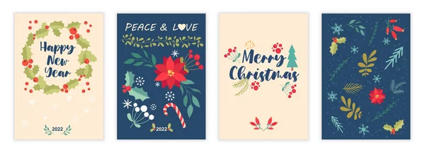 Conjunto de tarjetas de felicitación de feliz Navidad audaz lindo sobre fondo colorido — Vector de stock