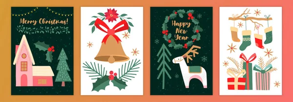 Conjunto de tarjetas de felicitación navideñas de año nuevo invierno sobre fondo blanco y negro — Vector de stock