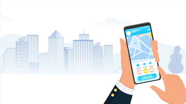 Tela de toque de mão humana para encomendar táxi de negócios — Vídeo de Stock