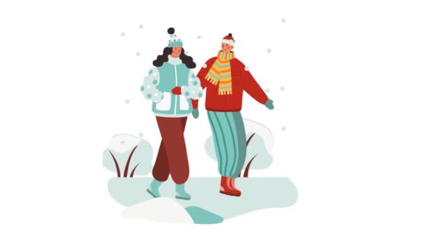 Casal encantador andando em trilha nevada — Vídeo de Stock