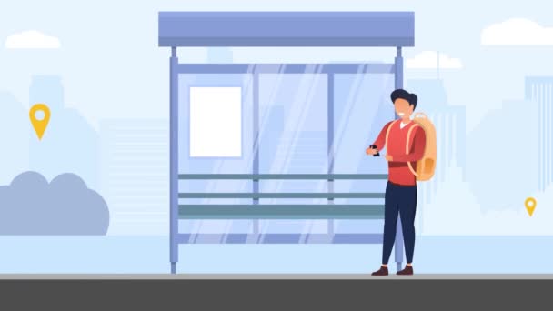 Bus tracking system with man waiting at bus stop — Stock Video