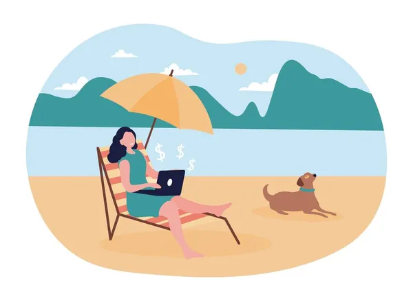 Freelancer mulher na praia — Vetor de Stock