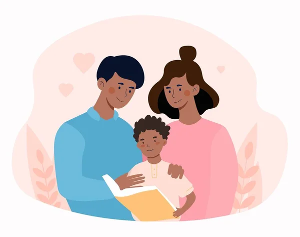 Hijo leer con los padres — Vector de stock