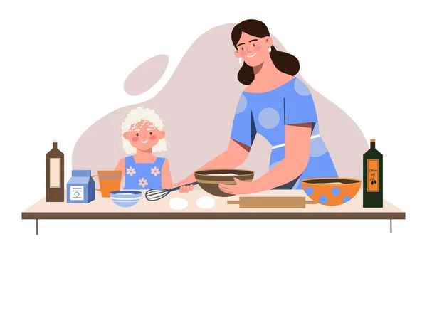 Мама с дочкой готовят — стоковый вектор