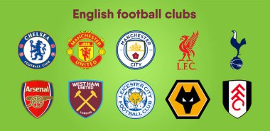 MOSCOW, RUSSIA - 16 Temmuz 2019 İngiliz Premier Lig Futbol kulüplerinin 10 vektör logosu yeşil arka planda. Sadece editör kullanımı.