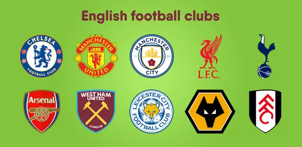 MOSCÚ, RUSIA - 16 DE JULIO DE 2019 Diez logos vectoriales de los Clubes de Fútbol de la Premier League inglesa sobre un fondo verde. Uso editorial solamente. — Archivo Imágenes Vectoriales