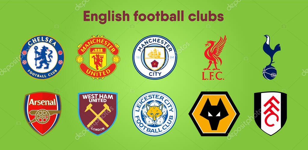 MOSCOW, RUSSIA - JULY 16, 2019 Ten vector logos of English Premier league Football Clubs over a green background. Editorial use only.