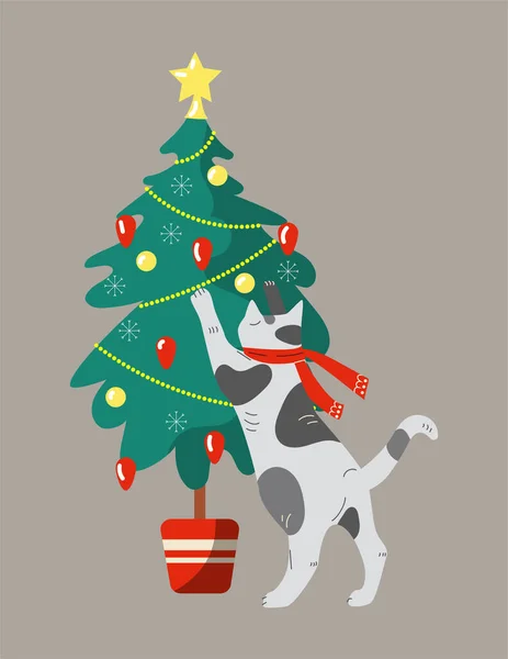 Noel ağacıyla kedi oyunu — Stok Vektör