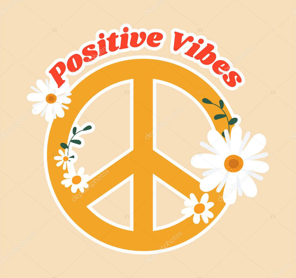 70s style sticker. Colorful hippie icon with flowers, badge and lettering. Positive vibe. Design element for postcards, social networks and covers. Cartoon contemporary flat vector illustration