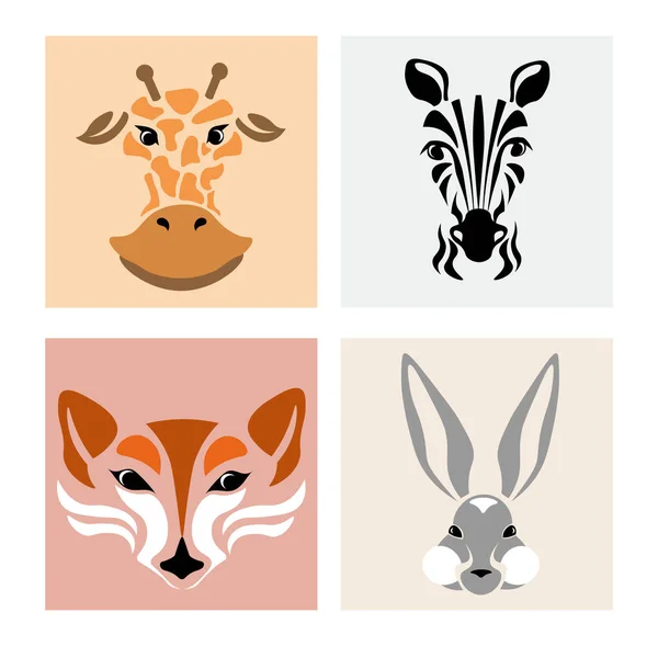 Ensemble de portraits d'animaux simples et mignons sur fond blanc — Image vectorielle