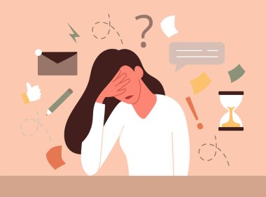 Kadın depresyondan muzdarip, umutsuzluk içinde avuçlarıyla yüzünü kapatıyor.