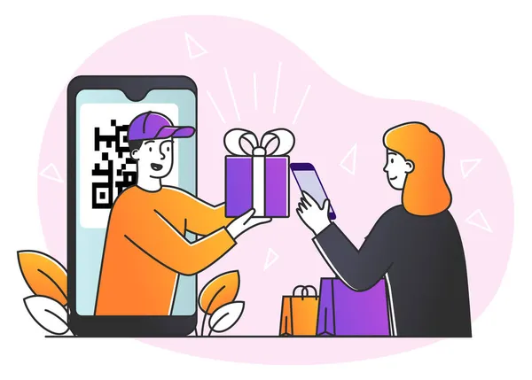Jovem mulher está usando smartphone para digitalizar código de barras para pagamento online —  Vetores de Stock
