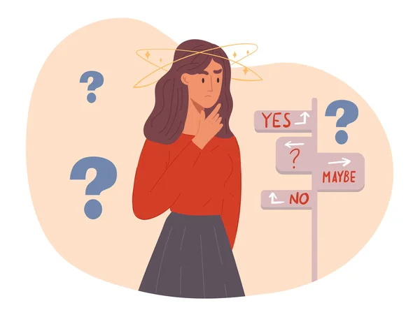 Young confused woman is standing and expressing frustration — Stock Vector