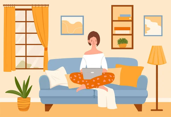 Mladá žena sedí s laptopem na gauči doma — Stockový vektor