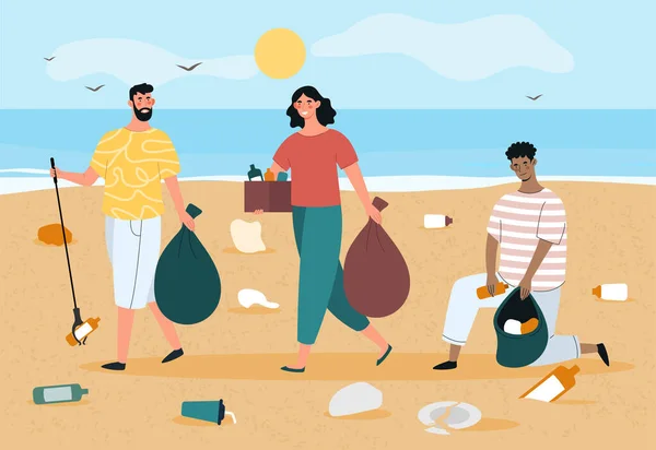 Mensen schoonmaken strand — Stockvector