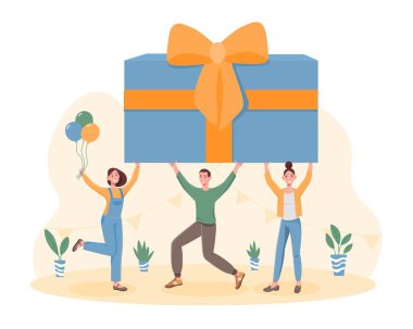 Mutlu insanlar büyük paketlenmiş doğum günü hediyesi taşıyor.