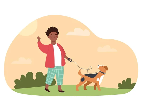 小さな男の子は犬の概念で歩く — ストックベクタ