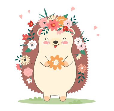 Elinde çiçek olan kirpi.