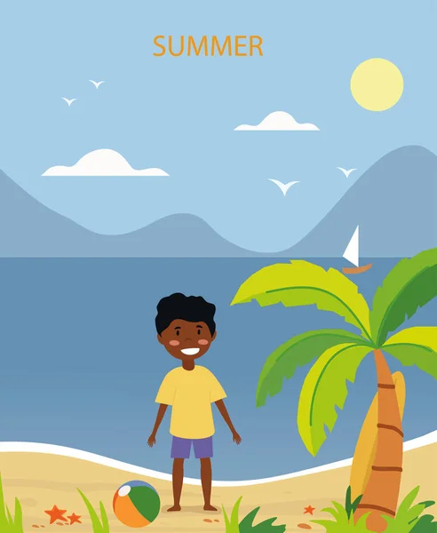 Boy on summer beach — Vetor de Stock