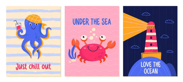 Set of cute ocean posters — Stock Vector