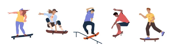 Set de skaters modernos saltando con skateboards — Vector de stock